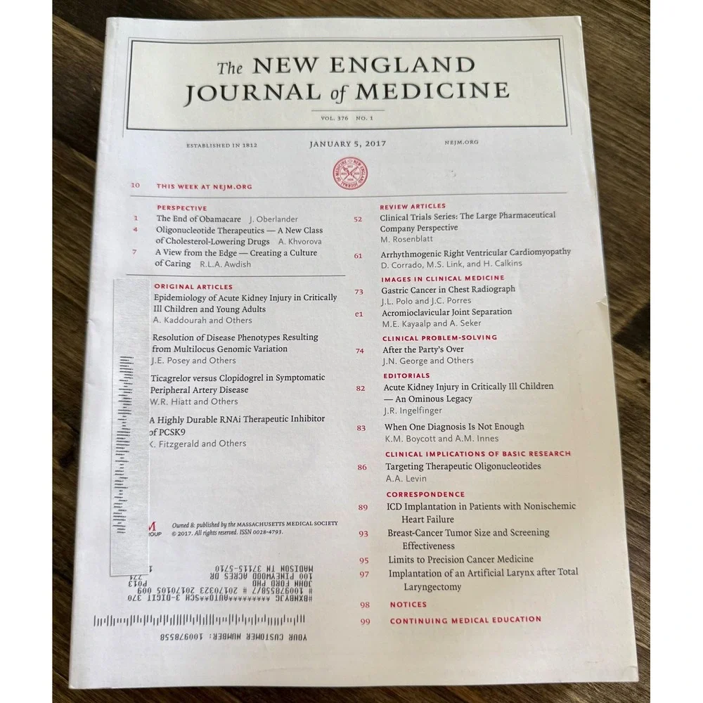 New England Journal of Medicine Vol 376 Issues 1-8 2017 Excellent 8 Issue Lot